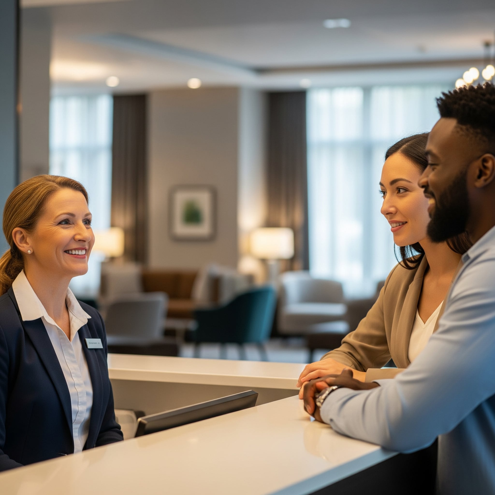 Receptionist sorridente che accoglie ospiti internazionali in un hotel di lusso