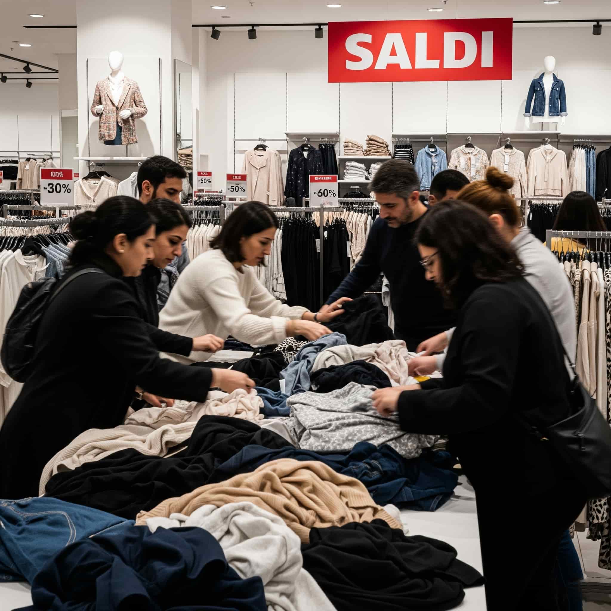 Clienti in un negozio affollato durante i saldi