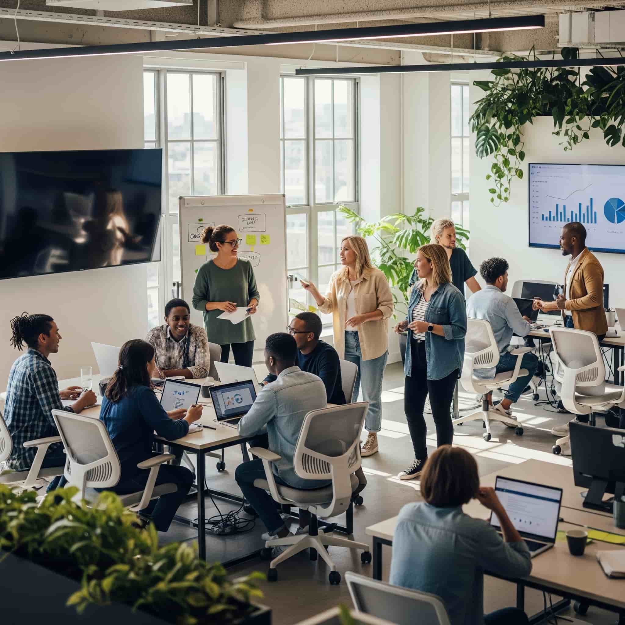 Gruppo di dipendenti collaborativi e sorridenti in un ambiente di lavoro moderno e sereno, grazie all'atmosfera sonora