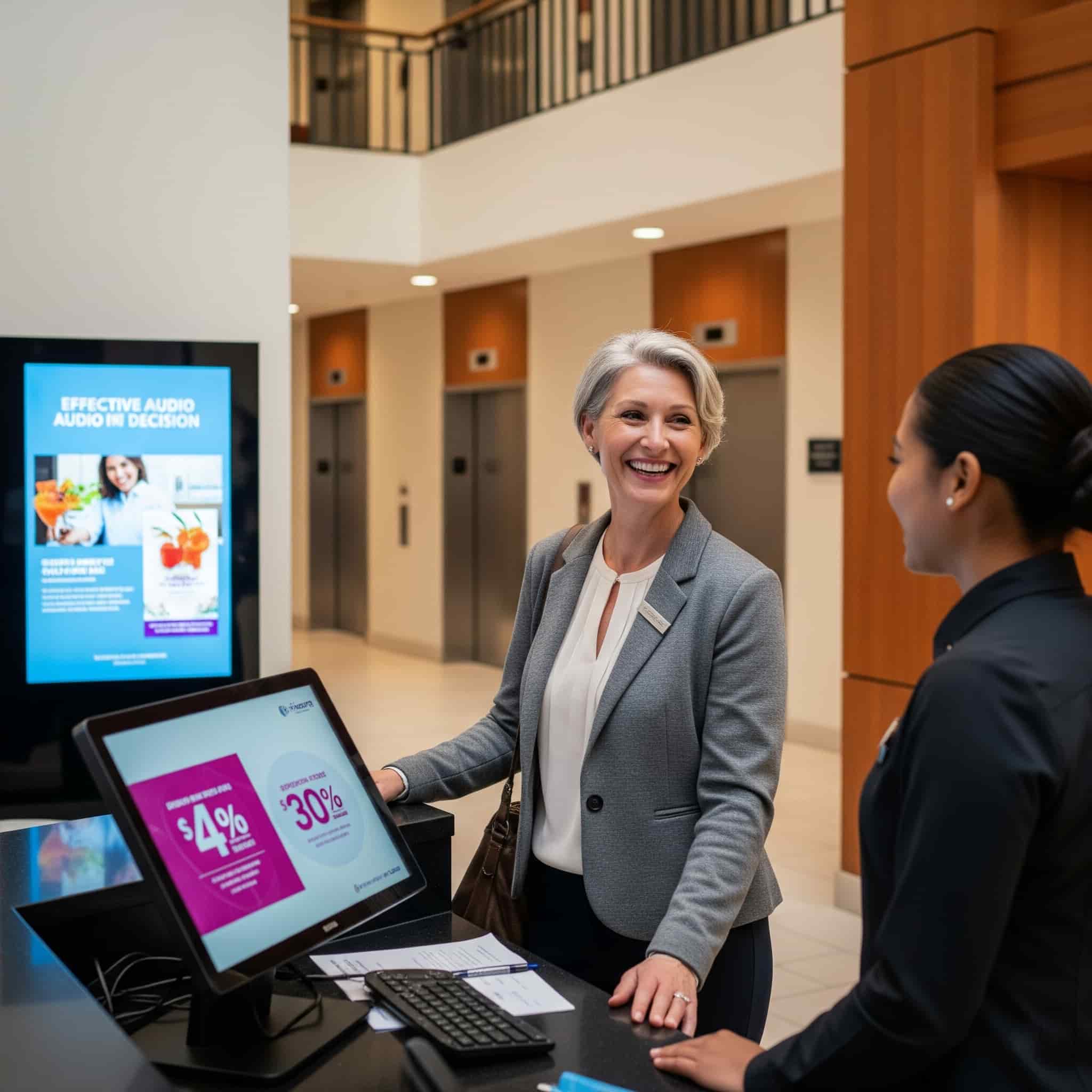 A happy guest interacting with a hotel service, influenced by effective in-store audio marketing and point-of-decision announcements.