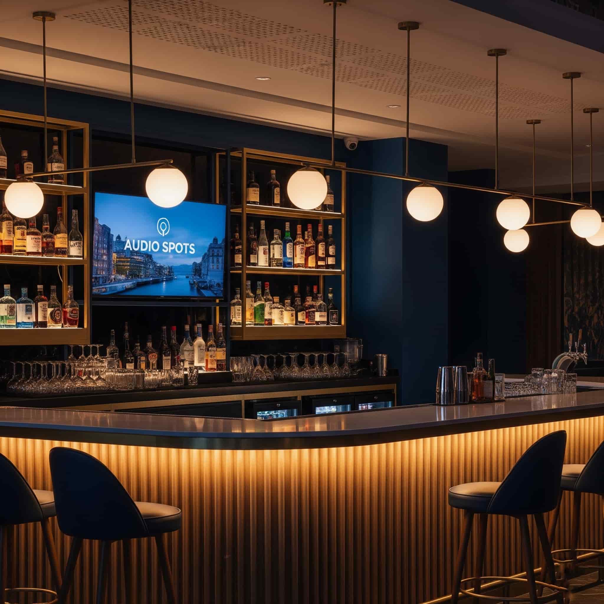 A stylish hotel bar where audio spots are used to promote high-quality local partners, creating a new revenue stream for the hotel.