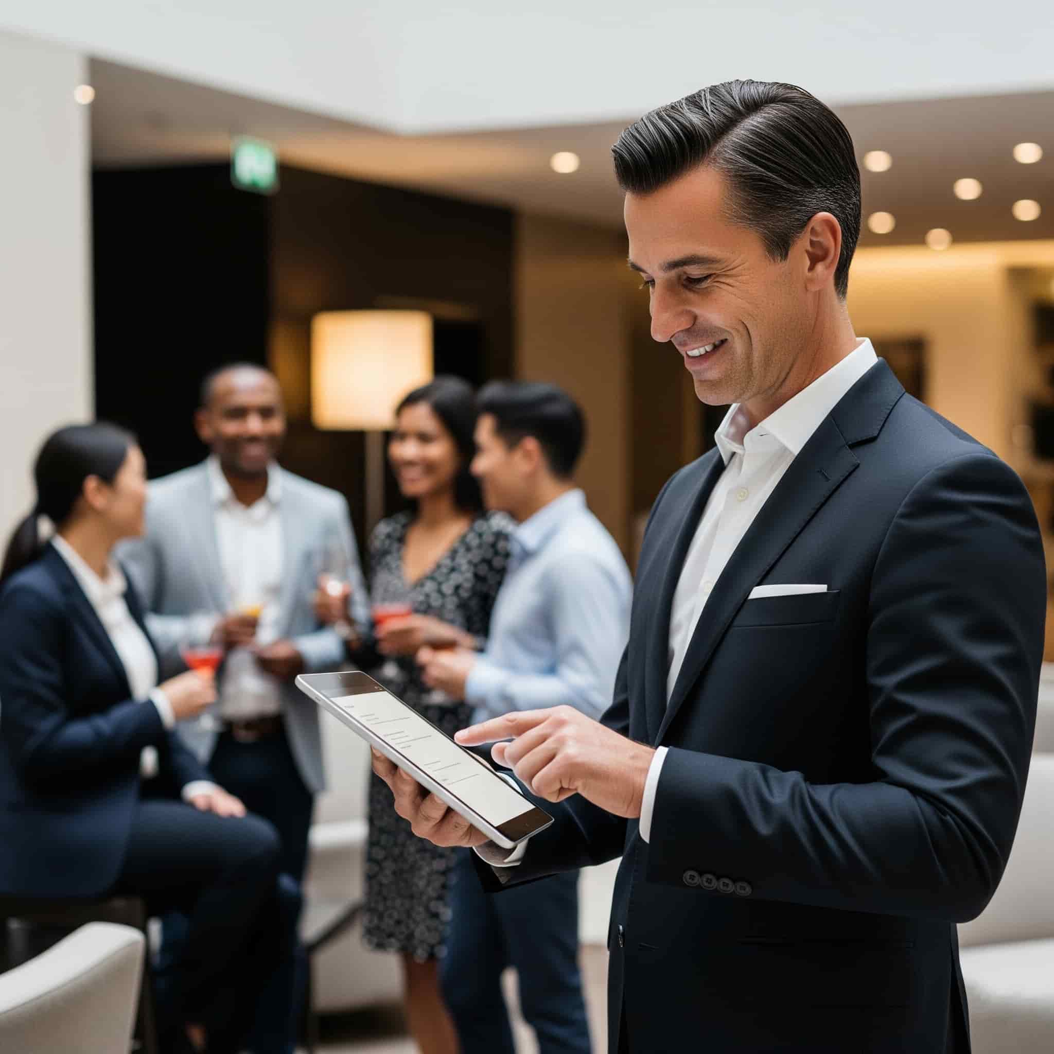 Manager di hotel che programma annunci multilingue per una clientela internazionale