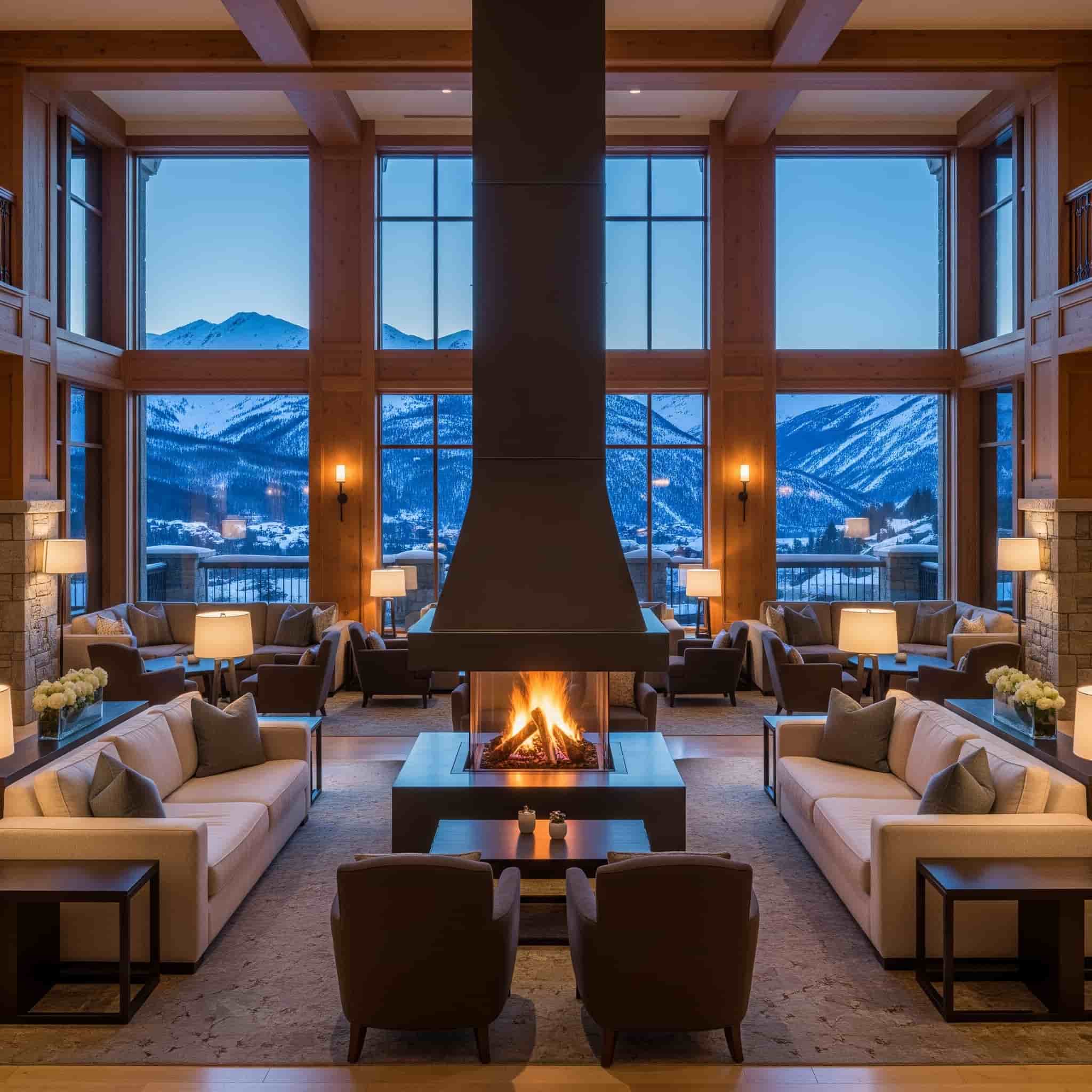 Hall di un hotel di montagna con camino acceso e atmosfera accogliente