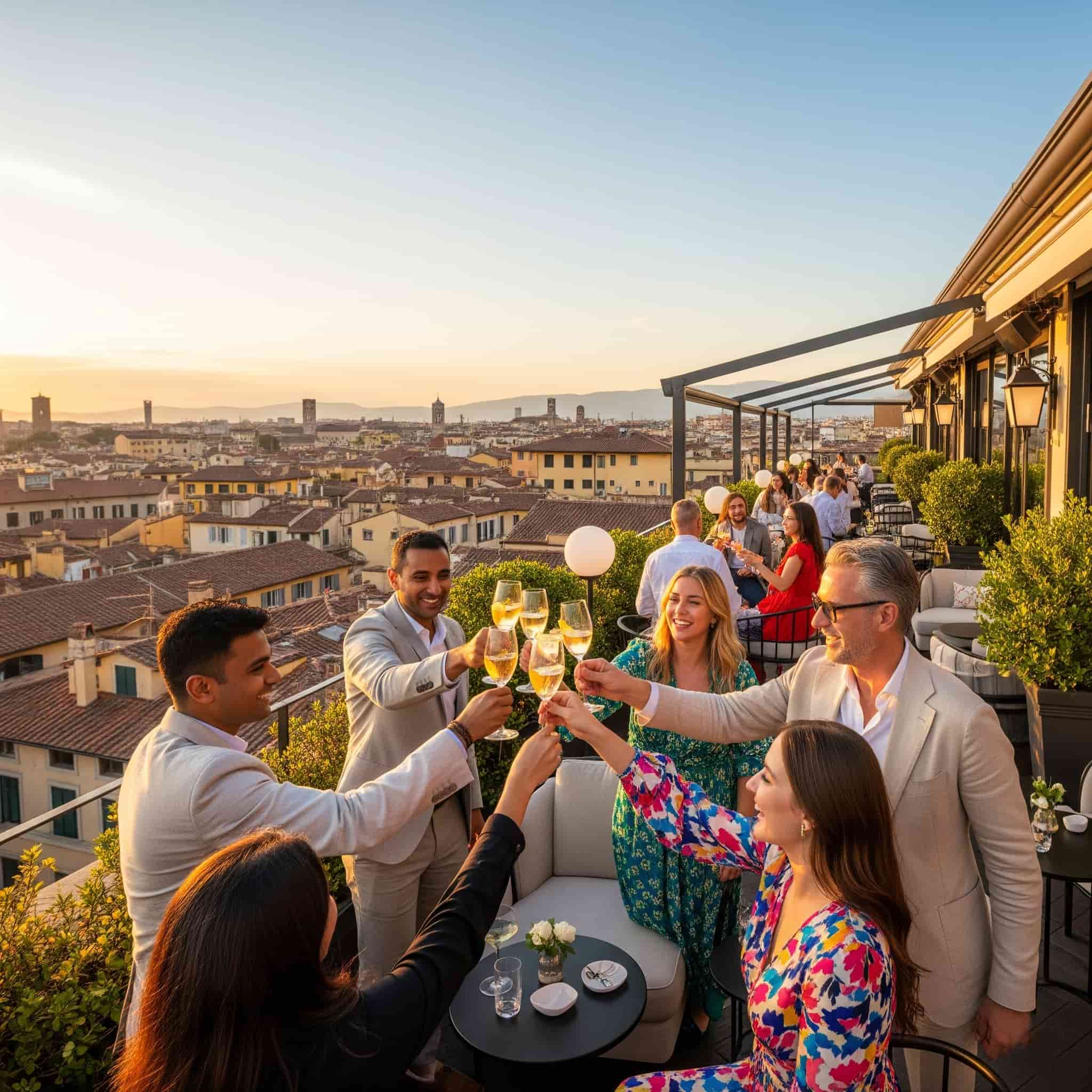 Turisti internazionali festeggiano sulla terrazza di un hotel di lusso in Italia