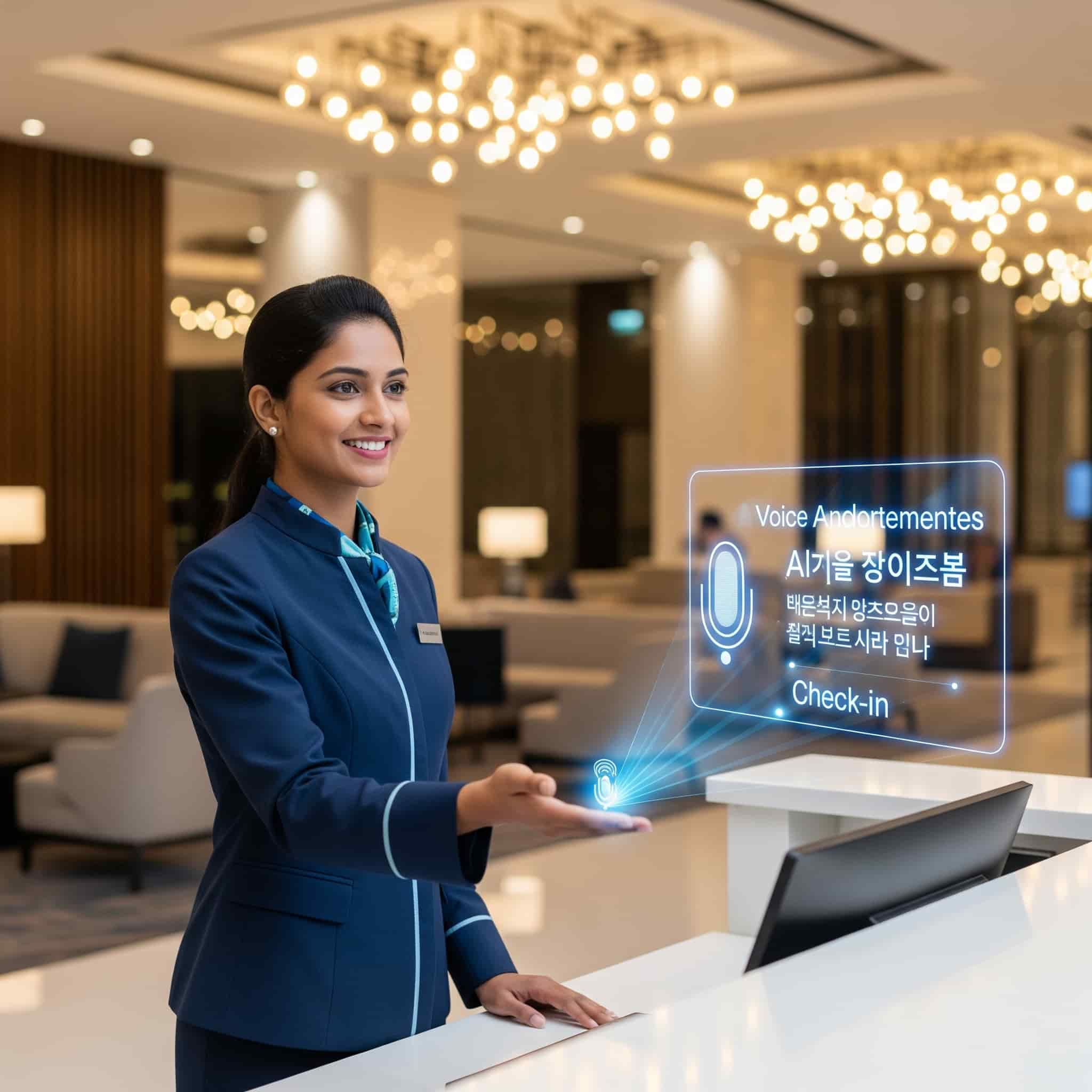 A professional hotel receptionist welcoming international guests, with the atmosphere enhanced by multilingual AI-powered voice announcements.