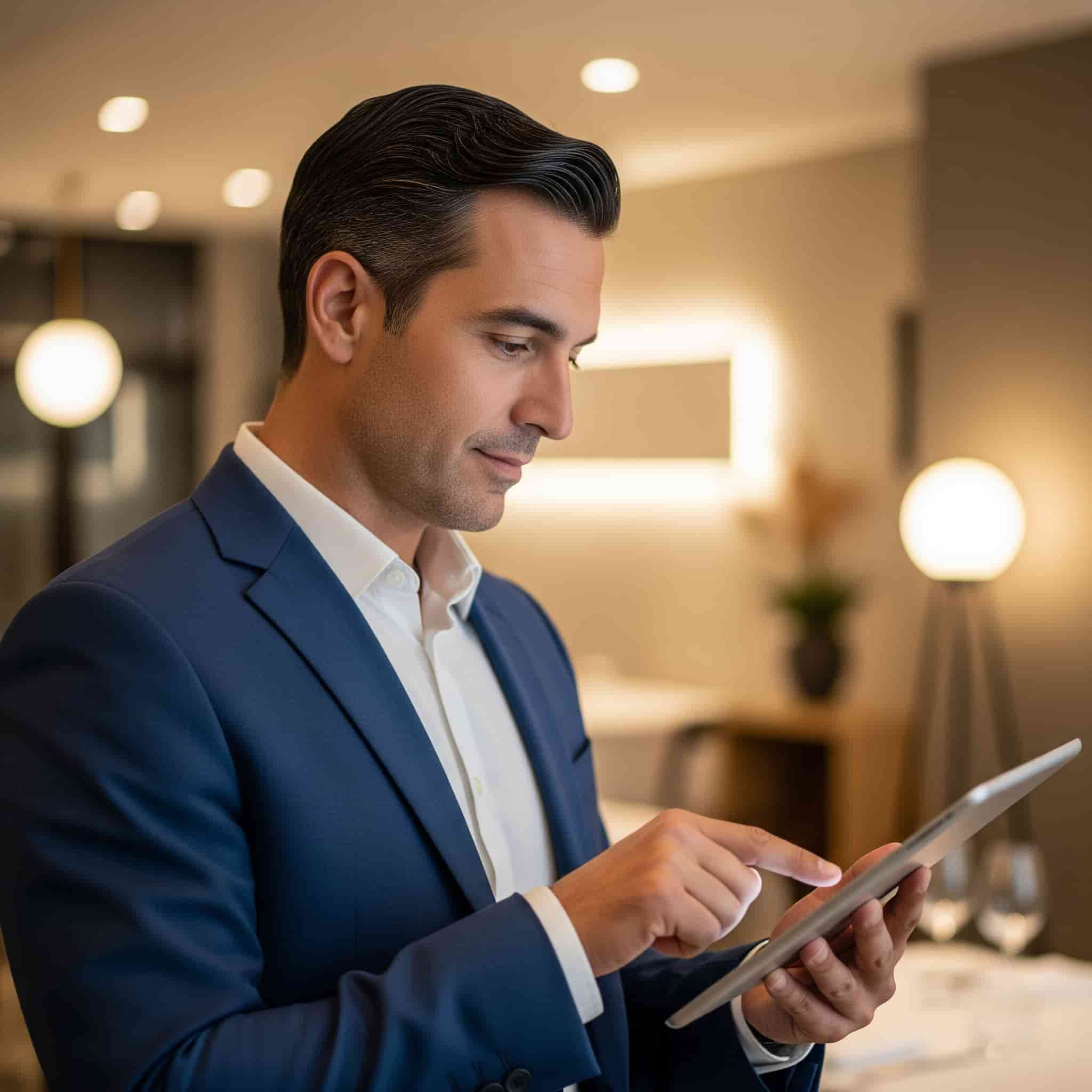 Manager di un ristorante che cura l'atmosfera sonora tramite tablet