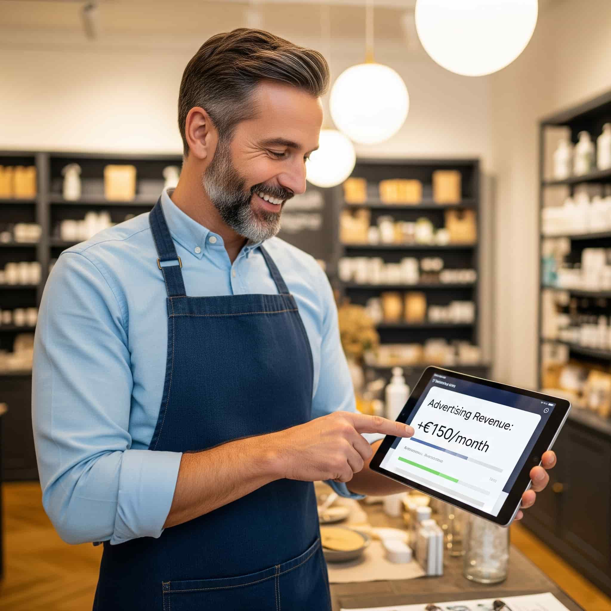 Imprenditore sorridente che controlla i ricavi pubblicitari su un tablet