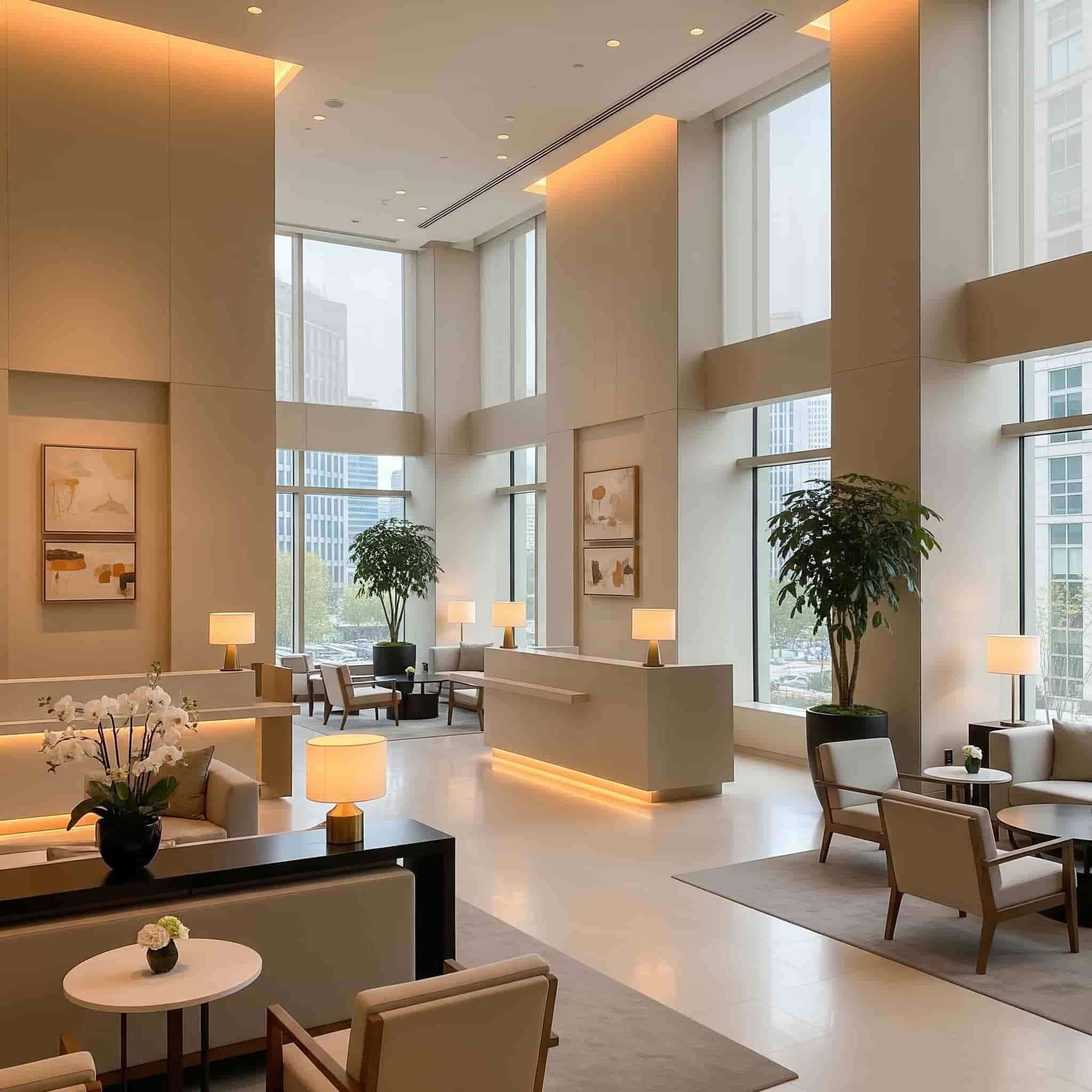 Hall di un hotel di lusso con un'atmosfera musicale elegante e raffinata