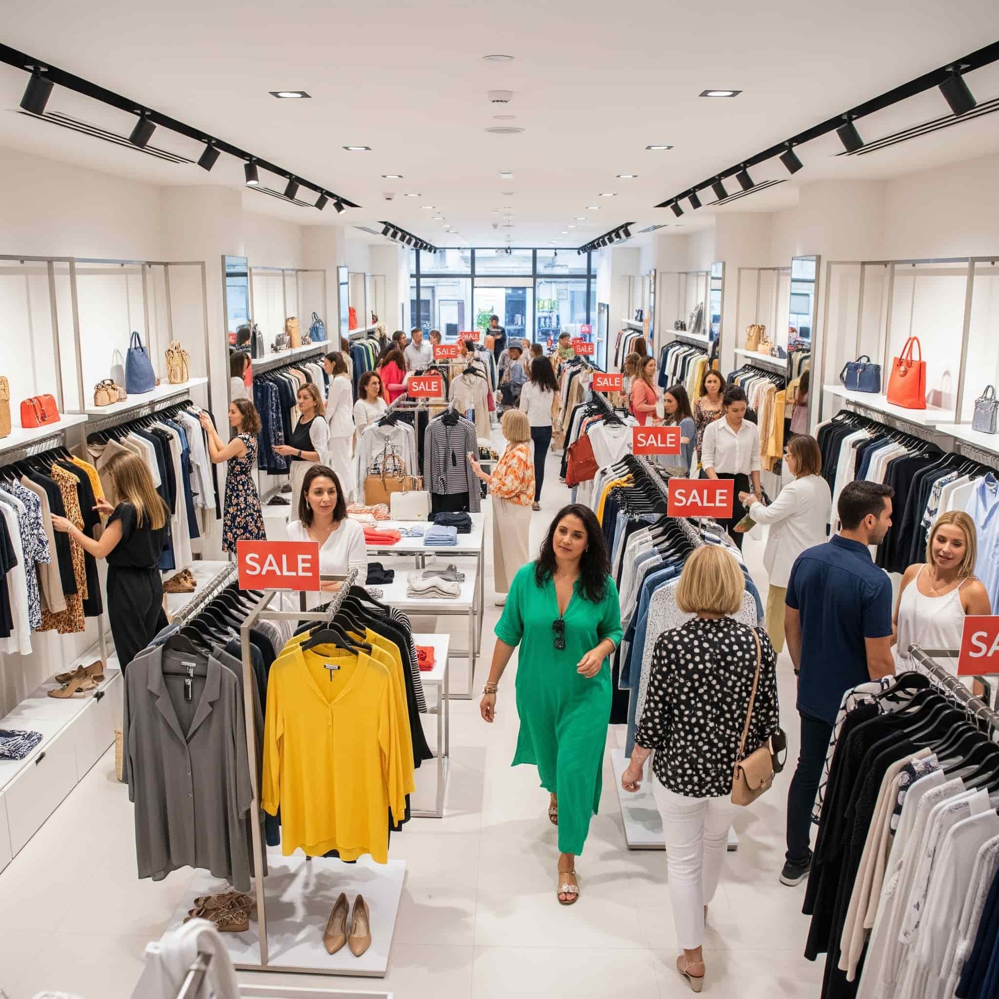 Negozio di moda con un'atmosfera piacevole e ordinata durante i saldi estivi