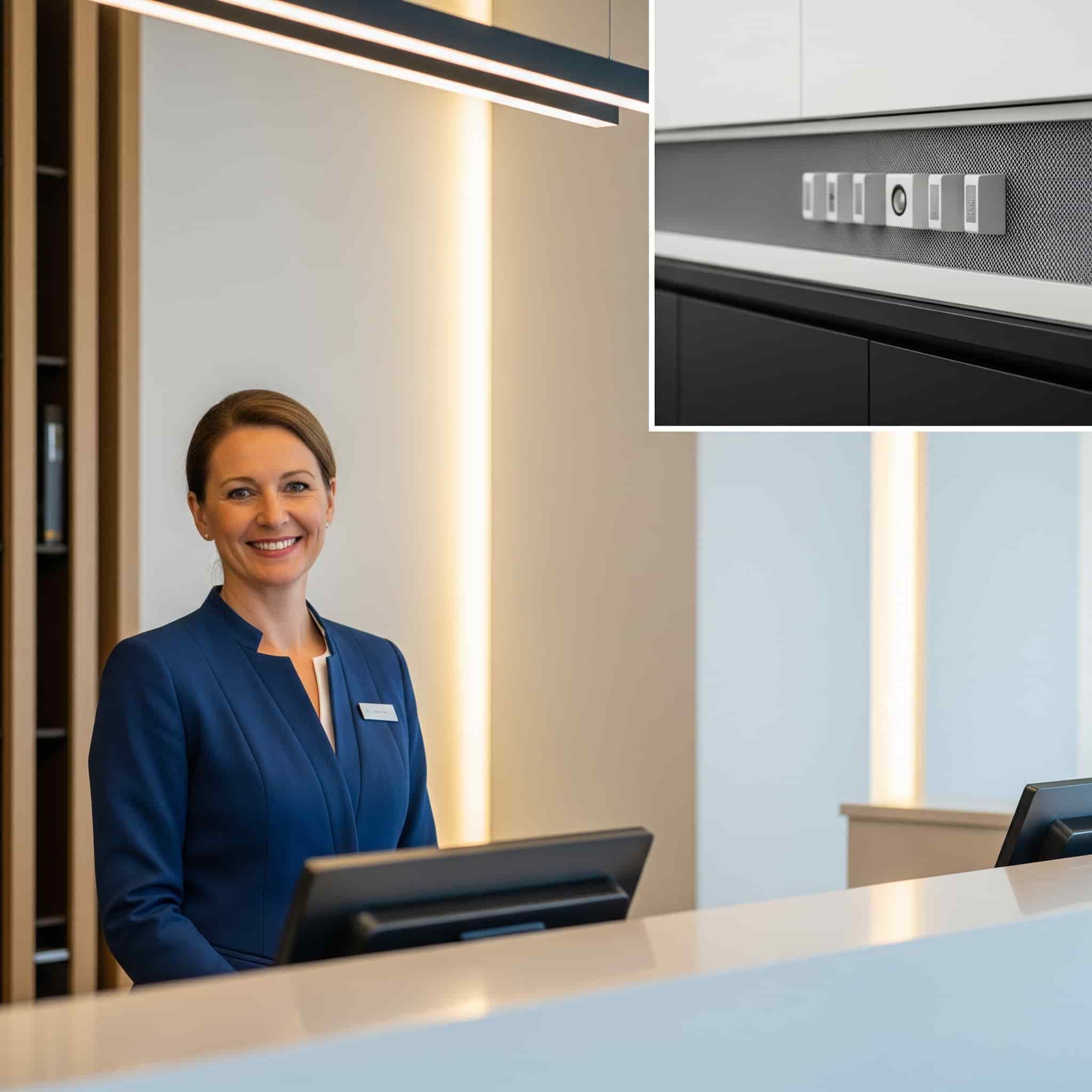 Reception di hotel con annunci vocali discreti
