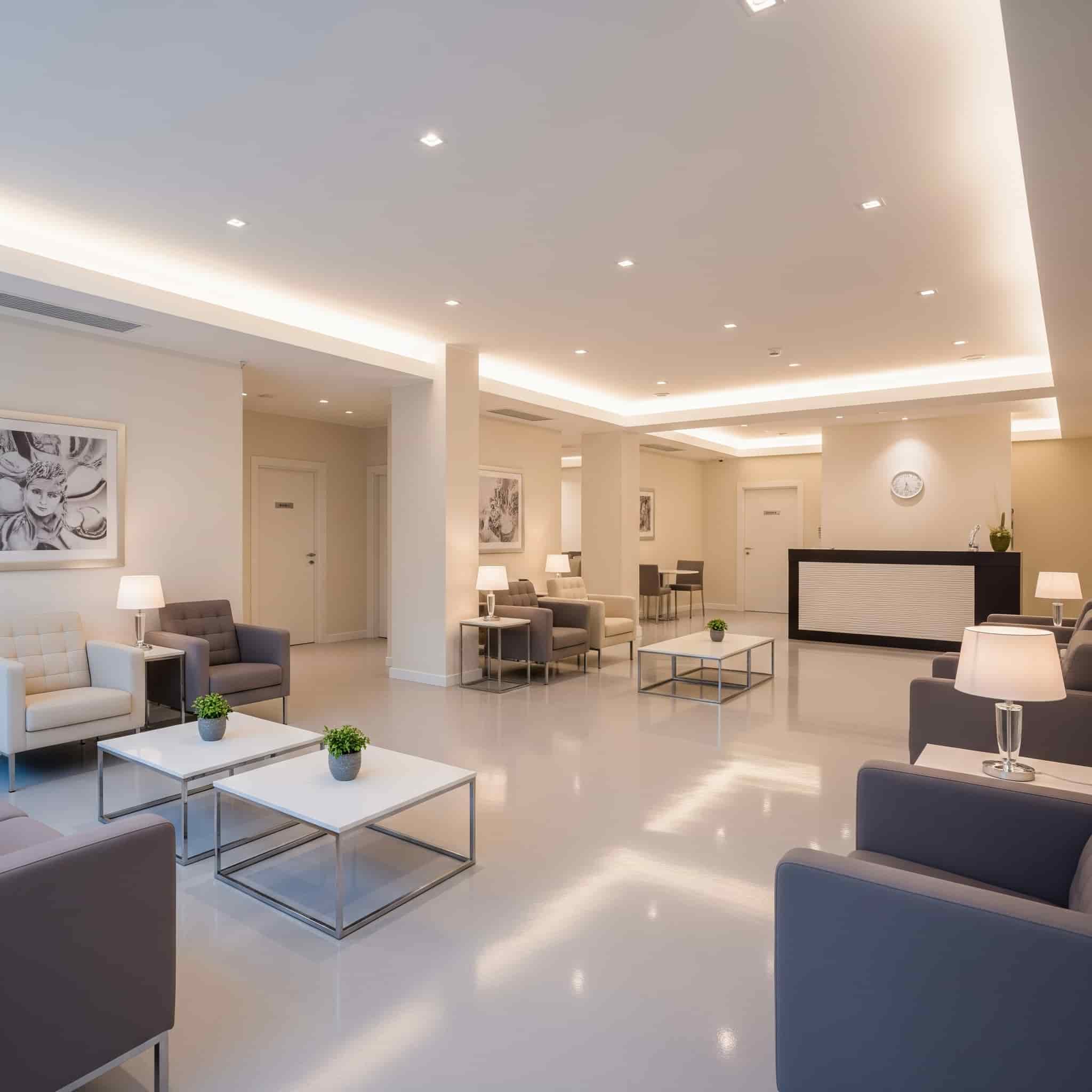 Sala d'attesa moderna con musica di sottofondo rilassante