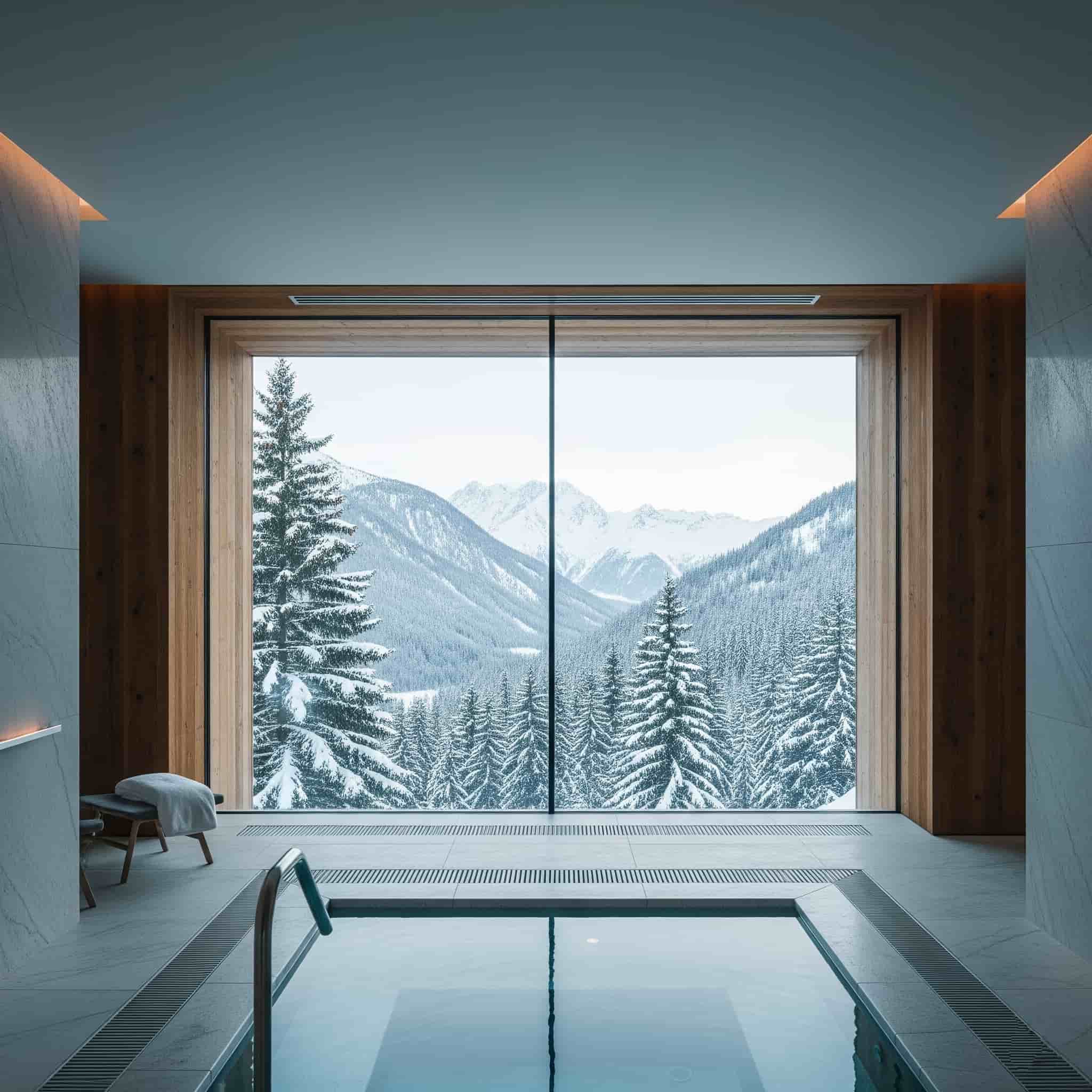 Zona relax di una spa in montagna con vista sulla neve