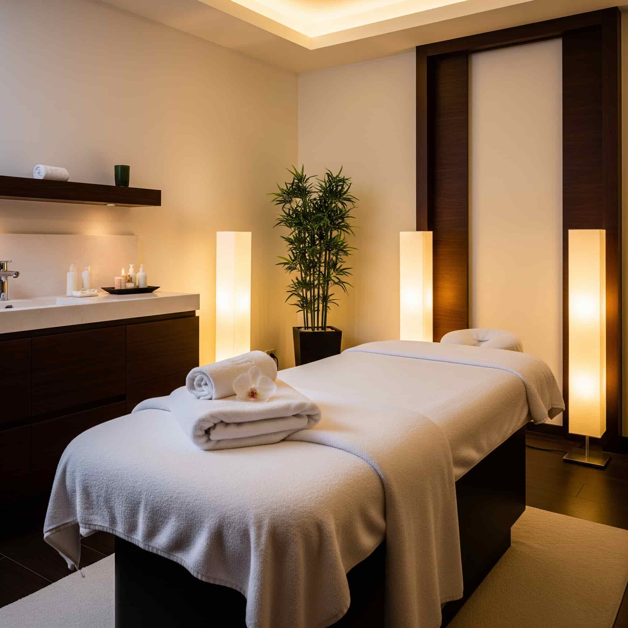 Interno di una spa lussuosa con atmosfera creata da musica di sottofondo professionale